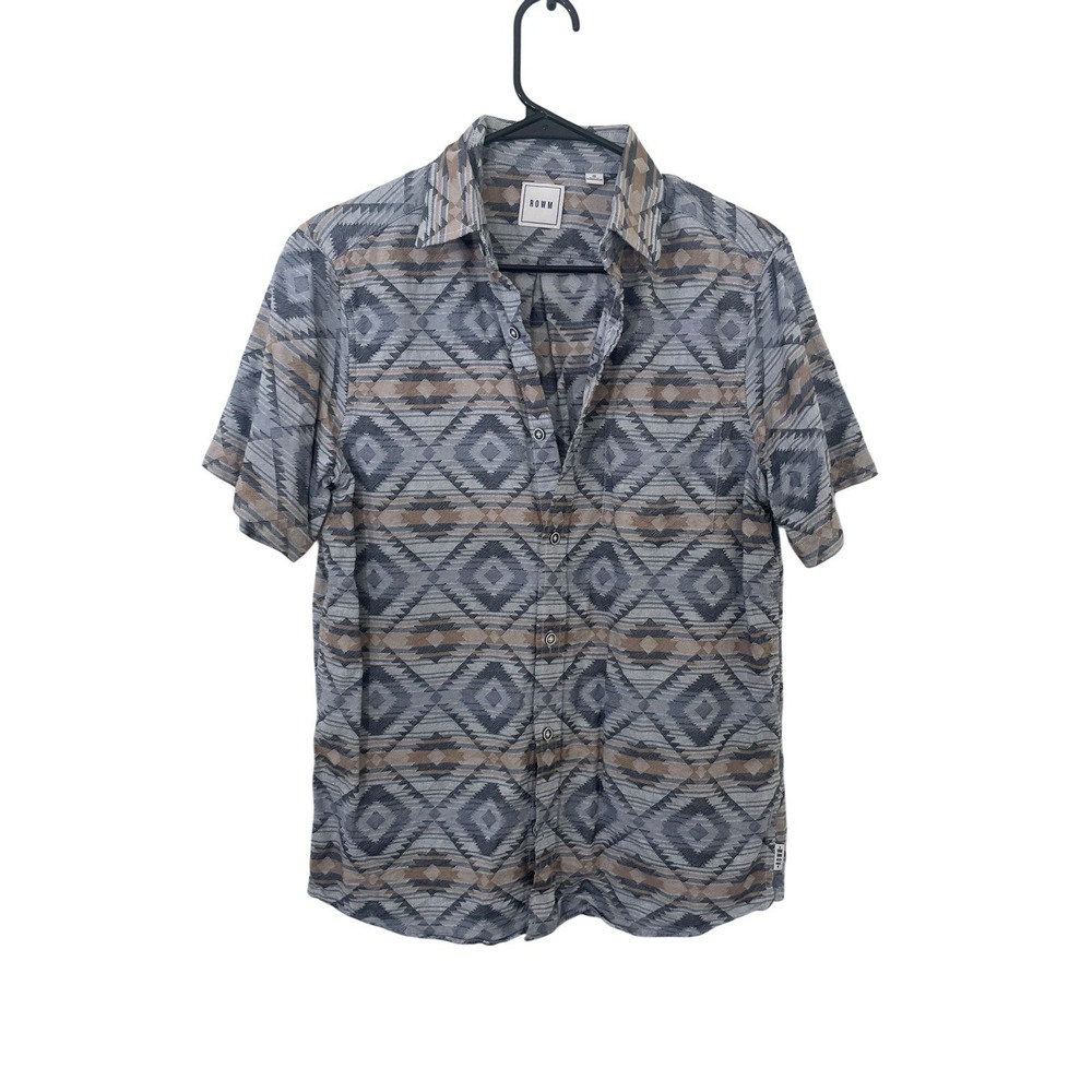ROWM Men's Aztec Southwestern Knit Button Down Short Sleeve Shirt S Boho Casual
